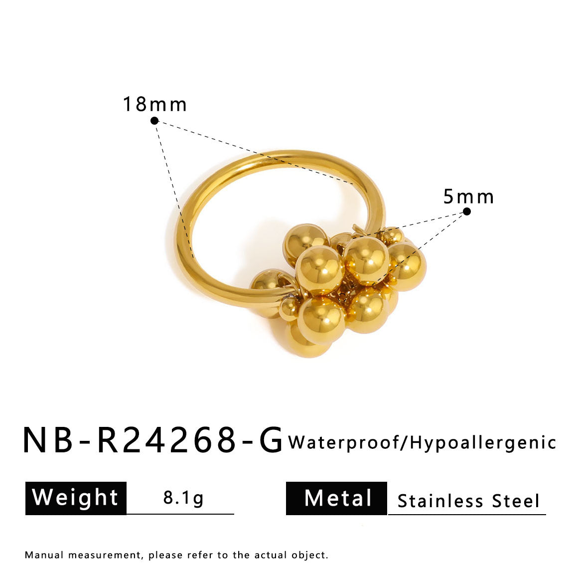 Minimalist Geometric Stainless Steel Ring with Asymmetrical Grape Cluster Design and 18K Gold Plating for Women