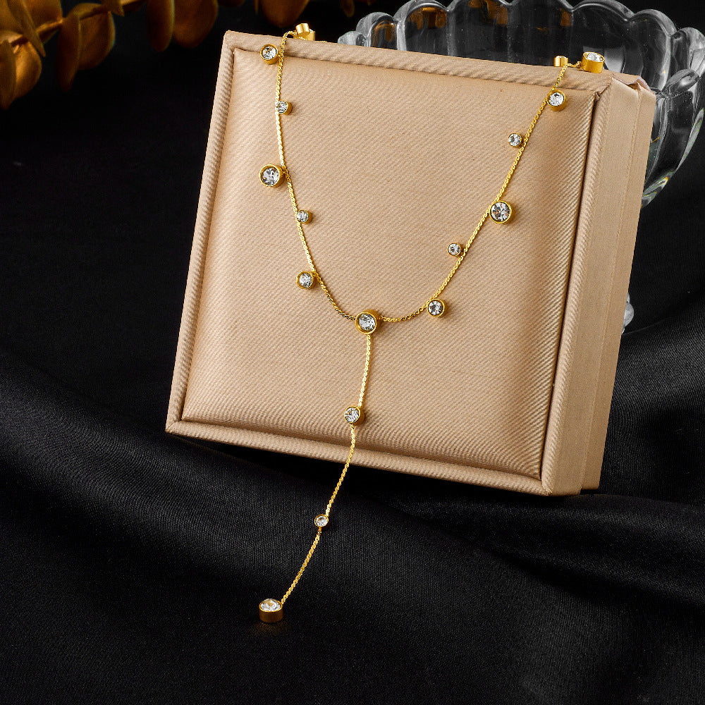 Minimalist Elegant Stainless Steel Plated Heart Round Rhinestone Y-Shape Long Tassel Necklace for Women