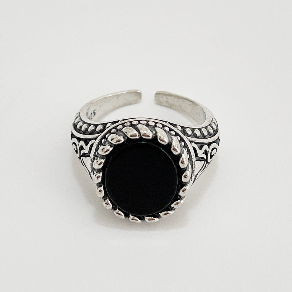 Anello Aperto Vintage in Argento Sterling 925 Lucidato con Agata Nera Dolce