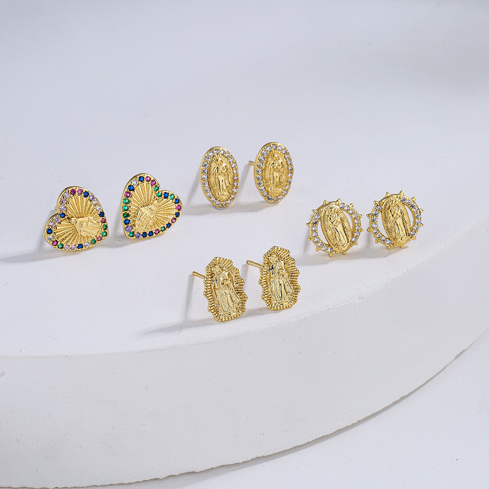 Minimalist Modern Geometric Copper Stud Earrings with Micro-Pave Zirconia for Women