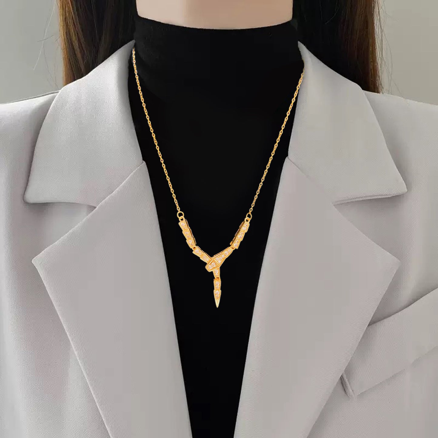 Vintage Minimalist Geometric Titanium Steel Plated Snake Chain Necklace with Cubic Zirconia
