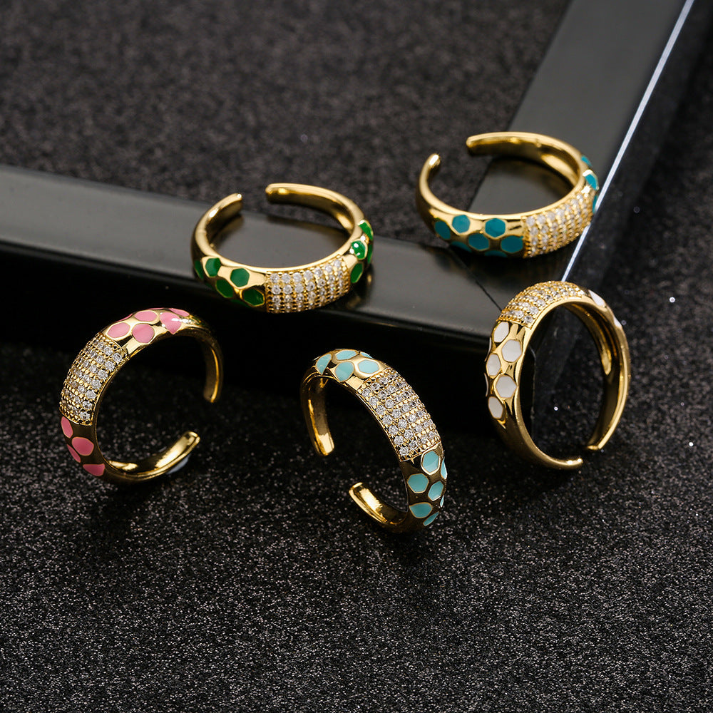 Minimalist Geometric Open Ring for Women in Brass with 18K Gold Plating and Colored Zircon Inlay