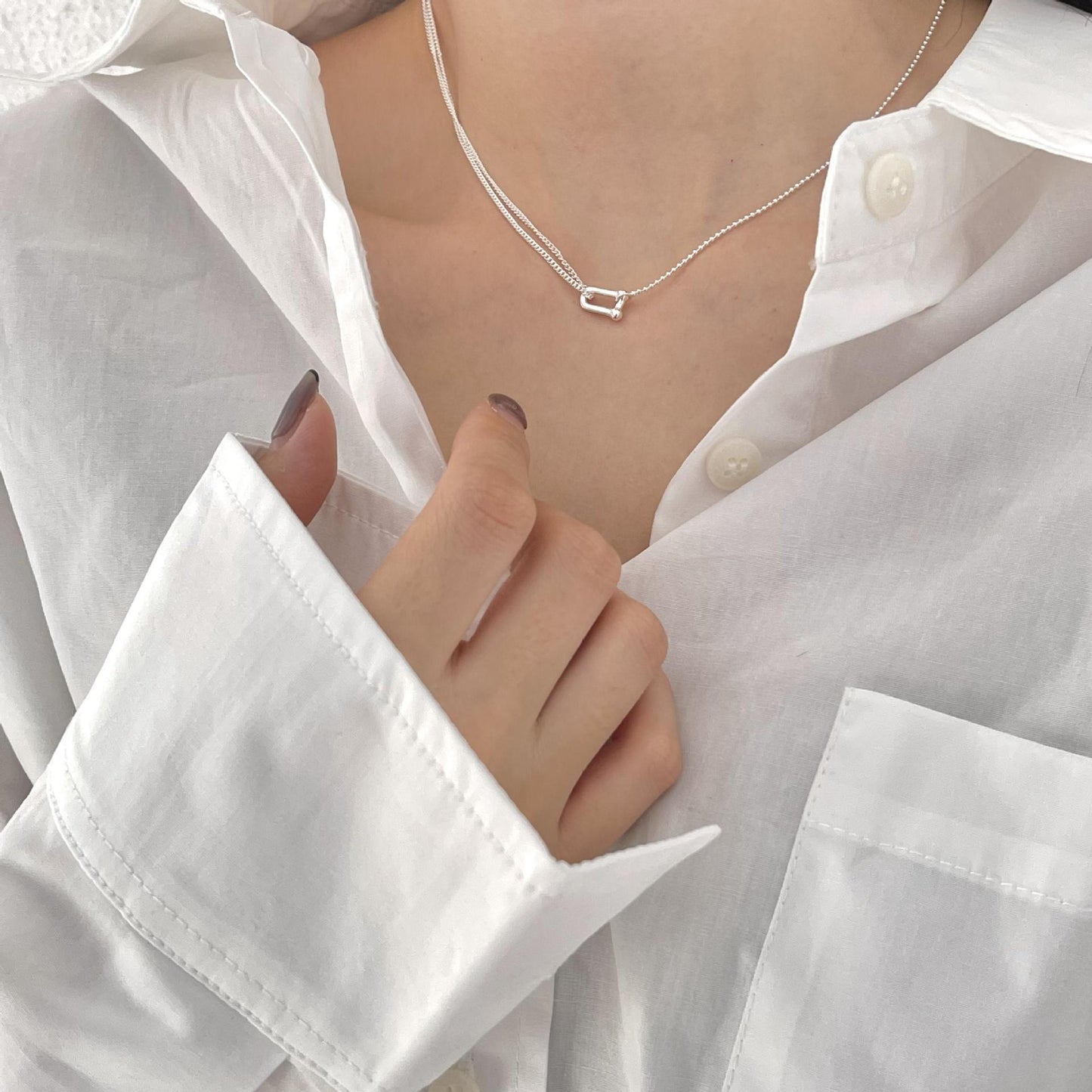 Minimalist Horse-Shoe Shaped 925 Sterling Silver Necklace for Women with U-Clasp and Delicate Locket Chain