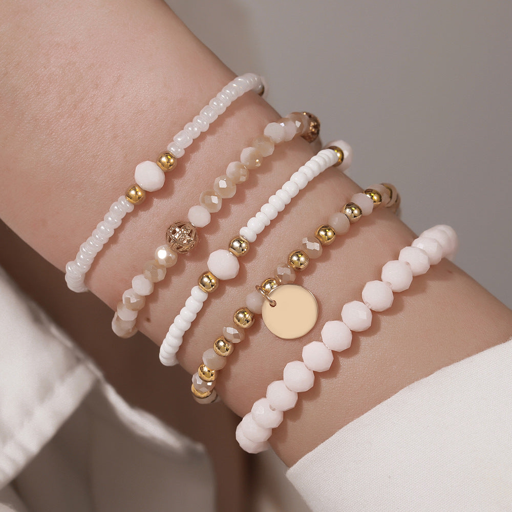 Bohemian Multi-Layer Geometric Round Glass Bead and Crystal Bracelet for Women
