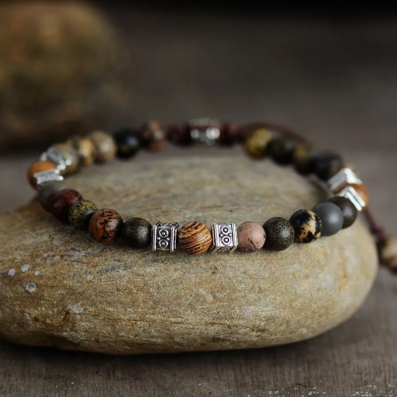 Ethnic Natural Agate Round Beaded Bracelet Unisex Handmade Adjustable Geometric Strand