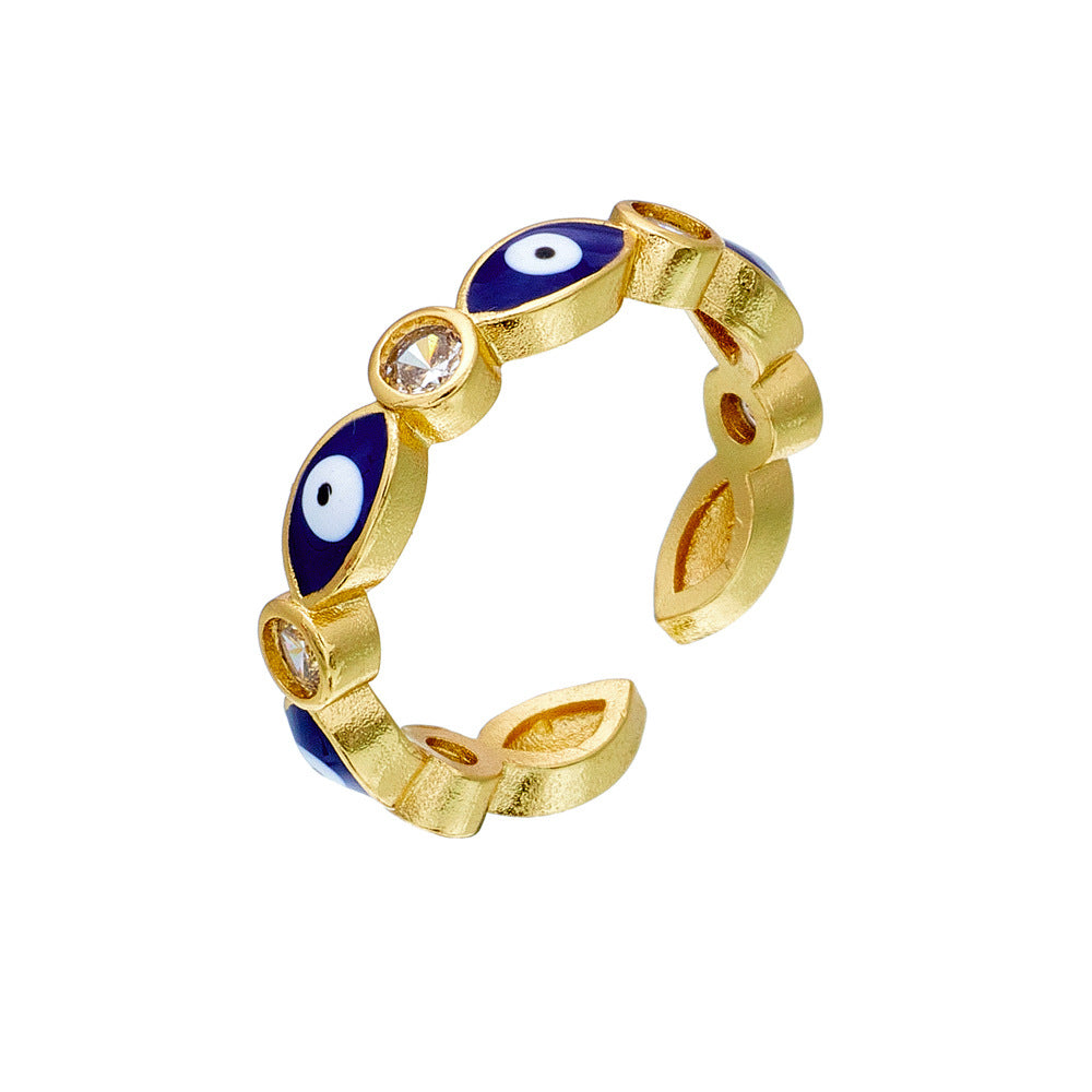 Anello Aperto con Occhio di Allah Geometrico Casual da Donna con Base in Rame Placcata in Oro 18 carati e Zirconia Micro-Incastonata con Finitura Smaltata
