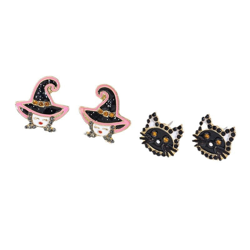 Orecchini Eleganti a Mostro Cartone Animato con Finitura Smaltata e Strass per Donna, Design Zucca di Halloween e Maschera da Strega