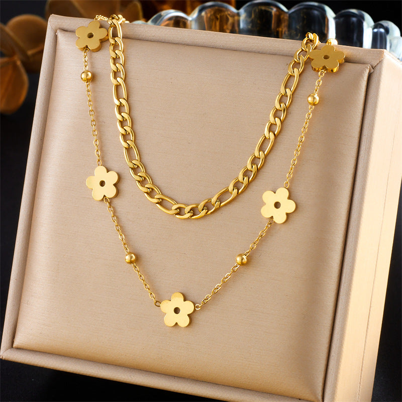 Vintage Fashion Stainless Steel Multi-Layer Irregular Heart Floral Bow Pendant Necklace