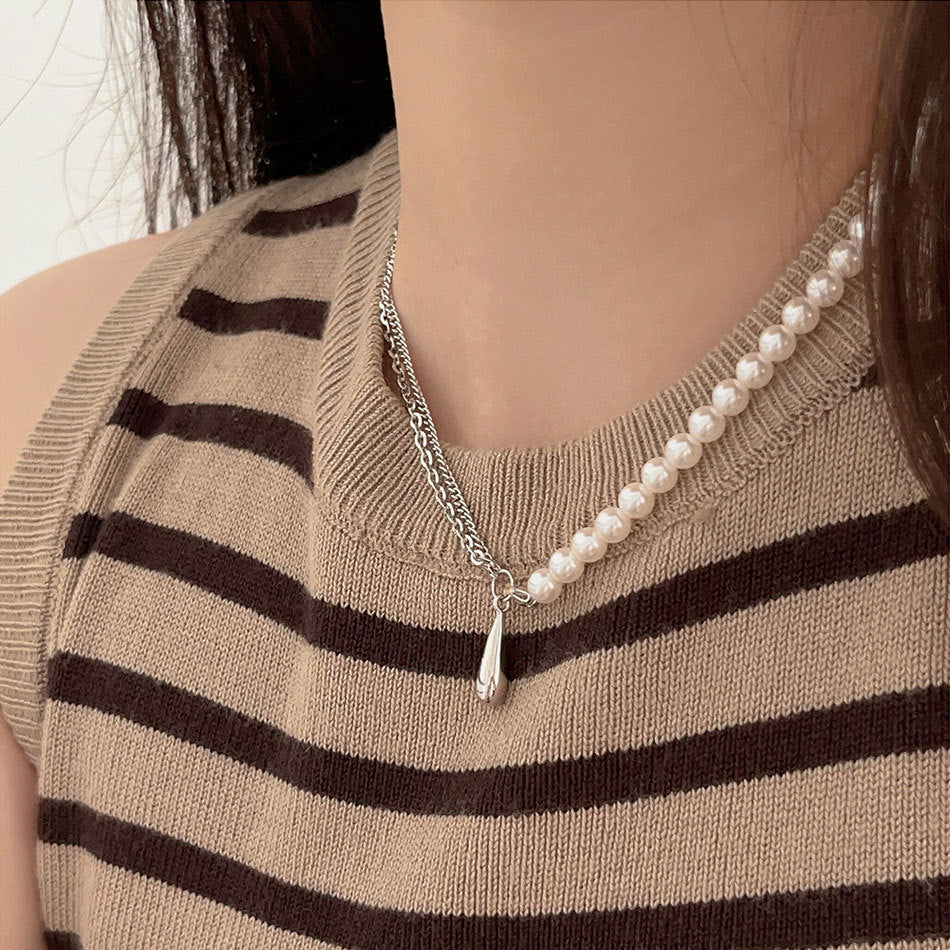 Minimalist Waterdrop-Shaped 925 Sterling Silver Necklace with Simulated Crystal and Pearl Pendant for Women