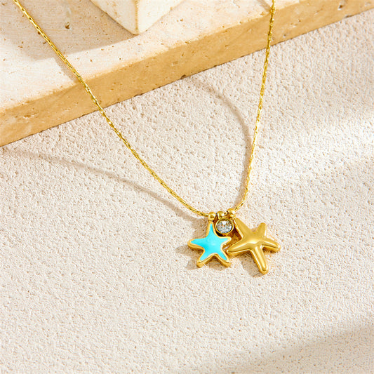 Minimalist Star-Shaped Enamel Blue Sea Star Pendant Necklace for Women with Gold-Plated Stainless Steel Snake Chain