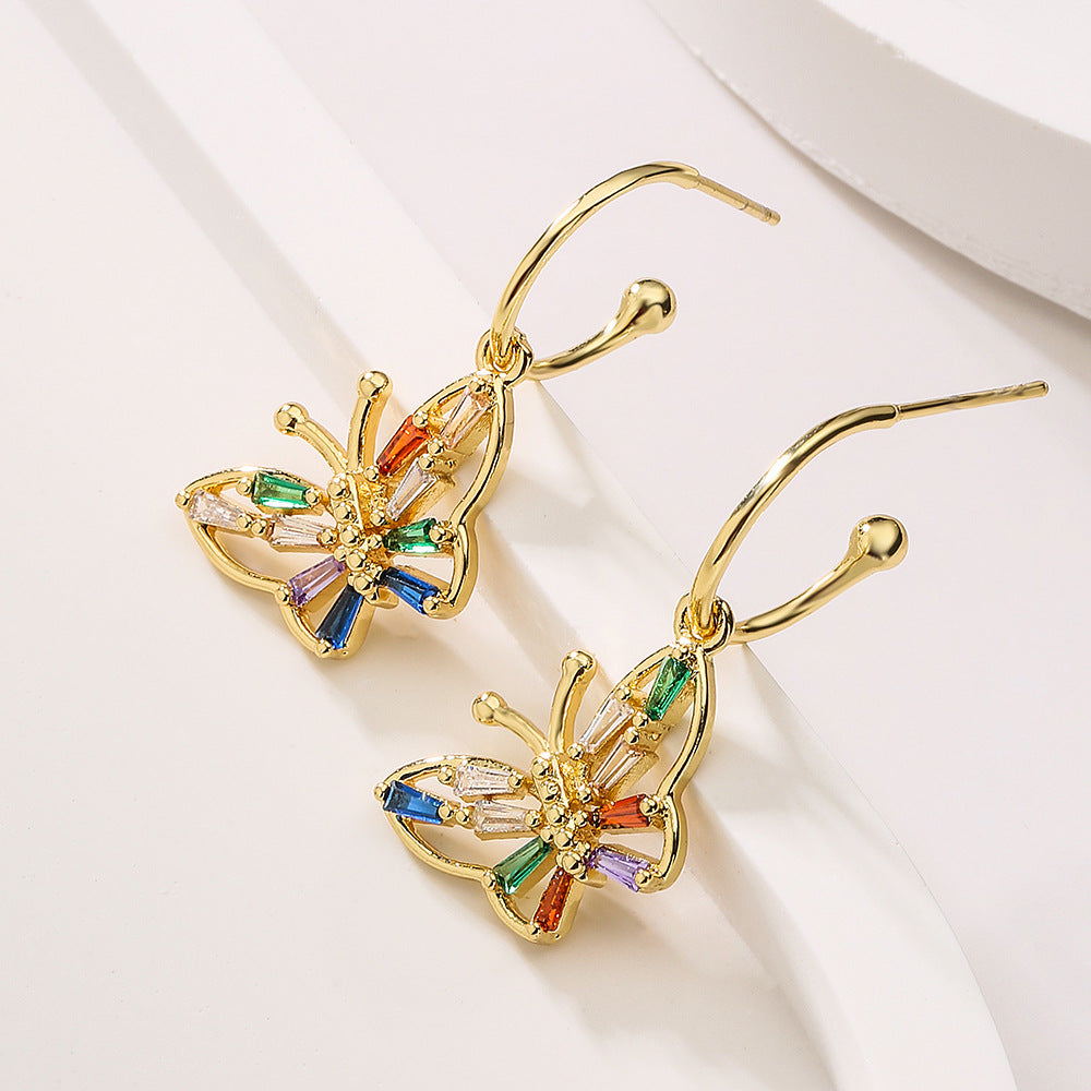 Eleganti Orecchini a Farfalla in Rame Stile Francese con Placcatura in Oro 18K e Intarsio di Zirconi da Donna