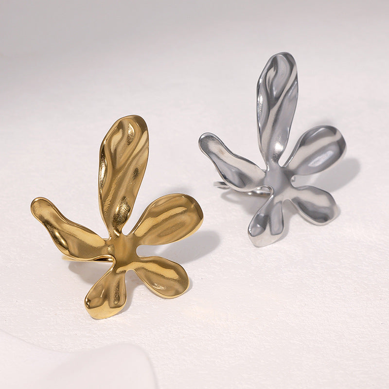 Minimalist 18K Gold Plated Stainless Steel Flower Petal Open Ring for Women