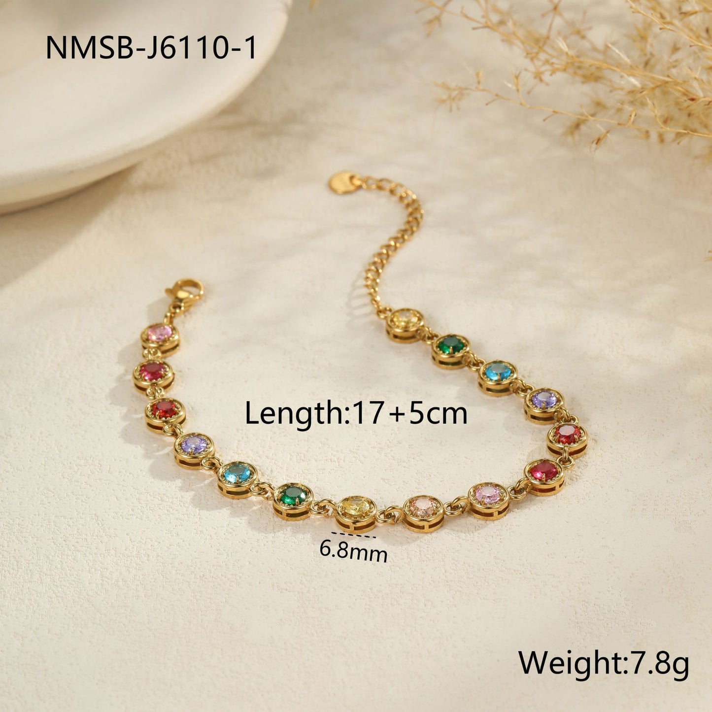 Bracciale da donna alla moda in acciaio inossidabile con geometria, placcatura in oro 18 carati e dettagli in zirconi colorati