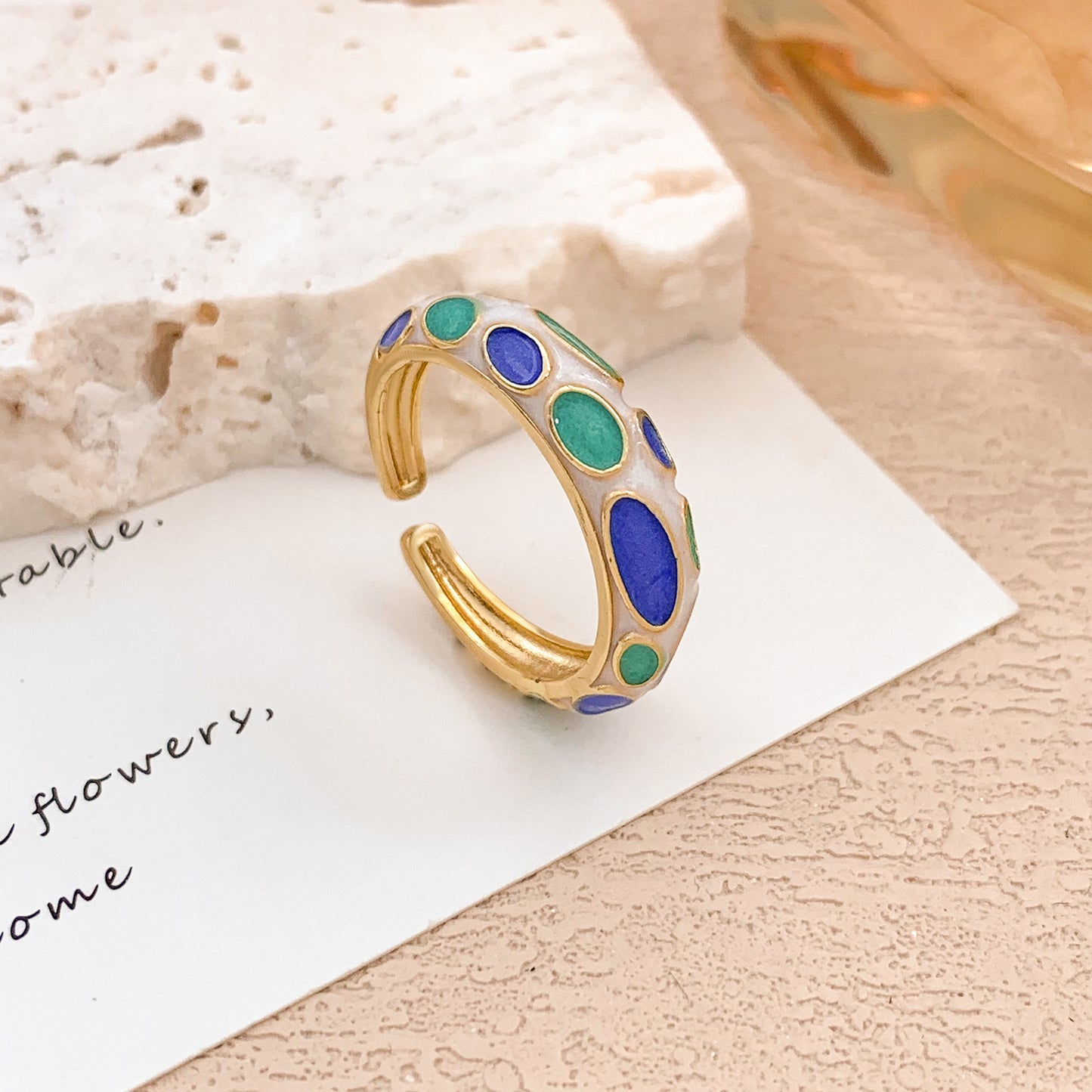 Anello regolabile aperto da donna vintage elegante in lega placcato oro con olio a goccia a pois geometrici