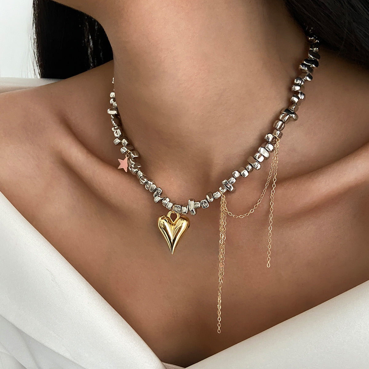 Sweet Heart Shaped Alloy Pendant Necklace with Turquoise and Imitation Pearl Plated Chain for Women