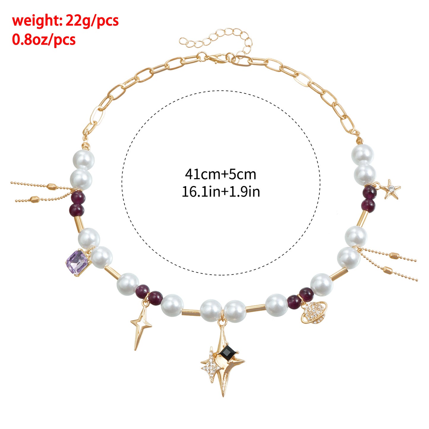 Geometric Four-Pointed Star Pendant Necklace with Imitation Pearl and Cat's Eye Stone Accents, Alloy Chain with Plated Finish, Fashionable Clavicle Style for Women