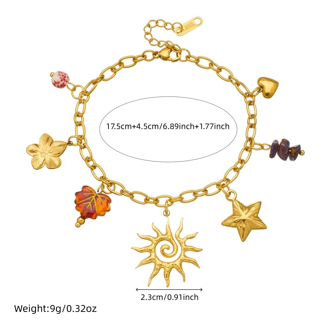 Vintage Gold Plated Stainless Steel Star Flower Leaf Pendant Necklace and Bracelet Set with Cable Chain