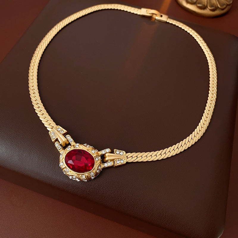 Collana con Ciondolo Ovale Geometrico Vintage con Intarsio di Strass in Lega, Collana a Catena Snake per Donne