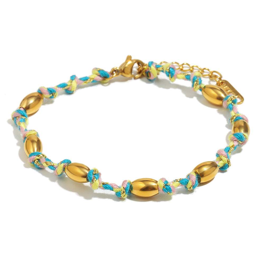 Fashionable Geometric Stainless Steel Plated 18K Gold Knotted Beaded Bracelet for Women