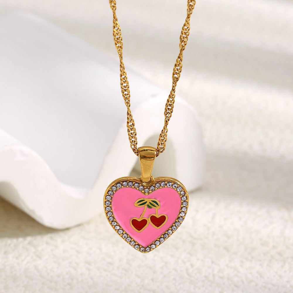 Luxury French-Inspired Cherry Heart Pendant Necklace in Stainless Steel with 18K Gold Plating and Enamel Finish