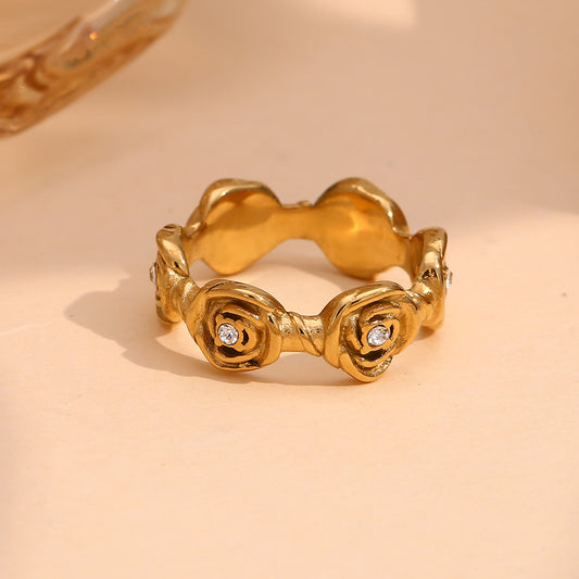 Anillo para mujer de moda vintage con diseño geométrico de rosa, de acero inoxidable y chapado en oro de 18 quilates
