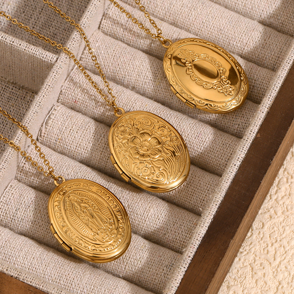 Fashionable Minimalist Geometric Daisy Pendant Necklace for Women Stainless Steel with 18K Gold Plating Double-Sided Mirror Locket