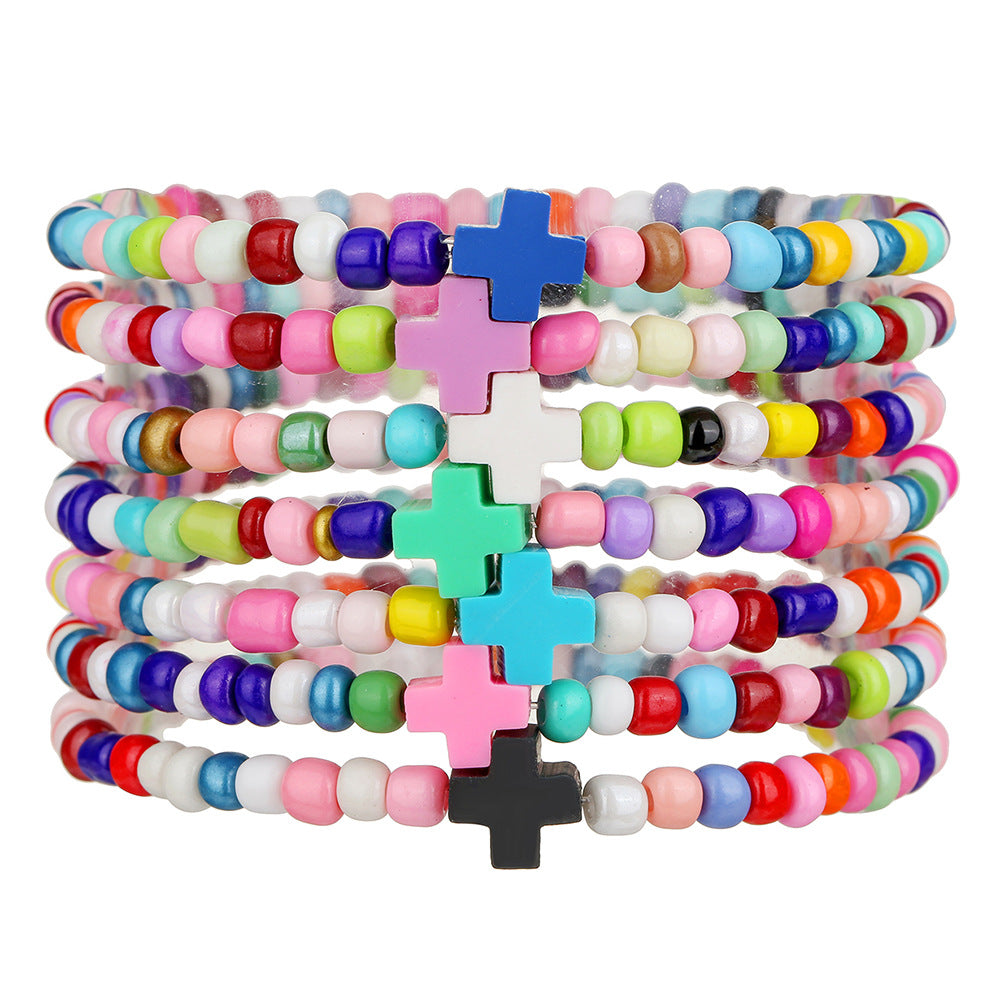 Minimalist Colorful Seed Bead Polymer Clay Cross Bracelet Handmade Multi-Layer Stackable