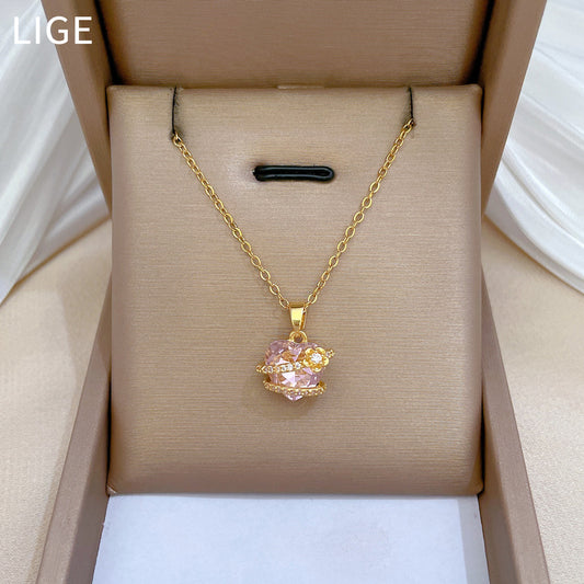 Pink Floral Heart Pendant Necklace in Stainless Steel with Rhinestone Accents for Women Minimalist Locket Chain