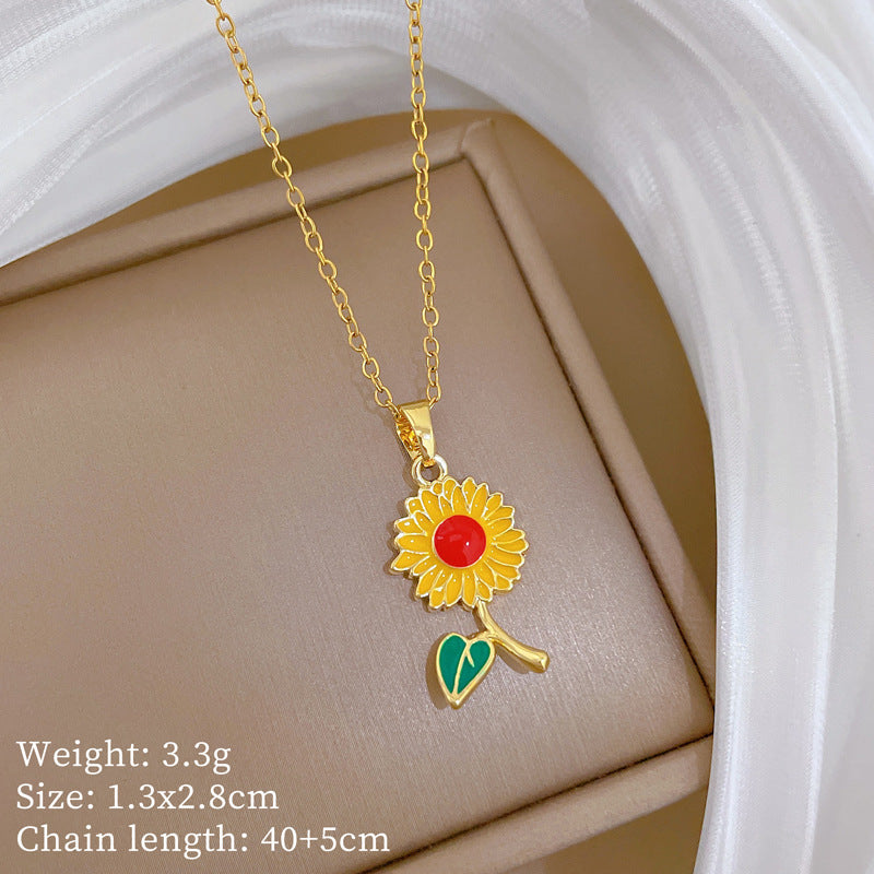 Sweet Elegant Drip Oil Floral Moon Rhinestone Pendant Necklace Titanium Steel Cable Chain for Unisex