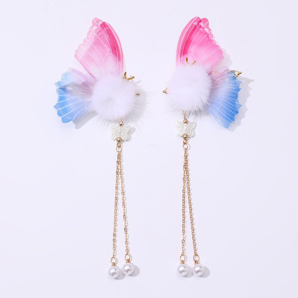 Set di mollette vintage a forma di farfalla per bambini con dettagli effetto perla, rifiniture con pon-pon e nappe lunghe in metallo