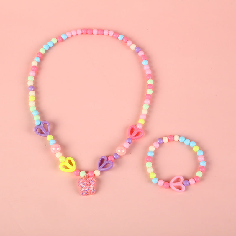 Cartoon Unicorn Pendant Necklace Set with Colorful Dopamine Beads for Kids, Resin Animal Charm on Round Bead Chain, Princess Style Children's Jewelry