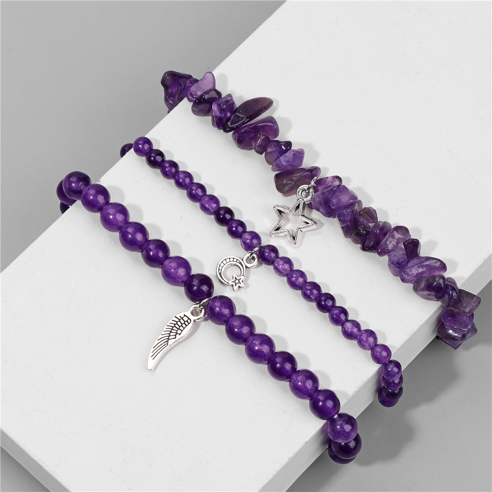 Vintage Amethyst Crystal Chip Beads Bracelet with Star Moon Pendant Geometric Irregular Stone Elastic Multi-Layer Bracelet for Women