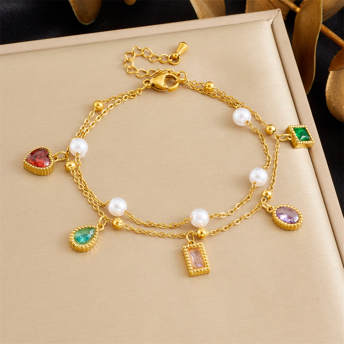 Minimalist Sweet Stainless Steel Drip Oil Plated Heart Floral Fruit Rhinestone Bracelet
