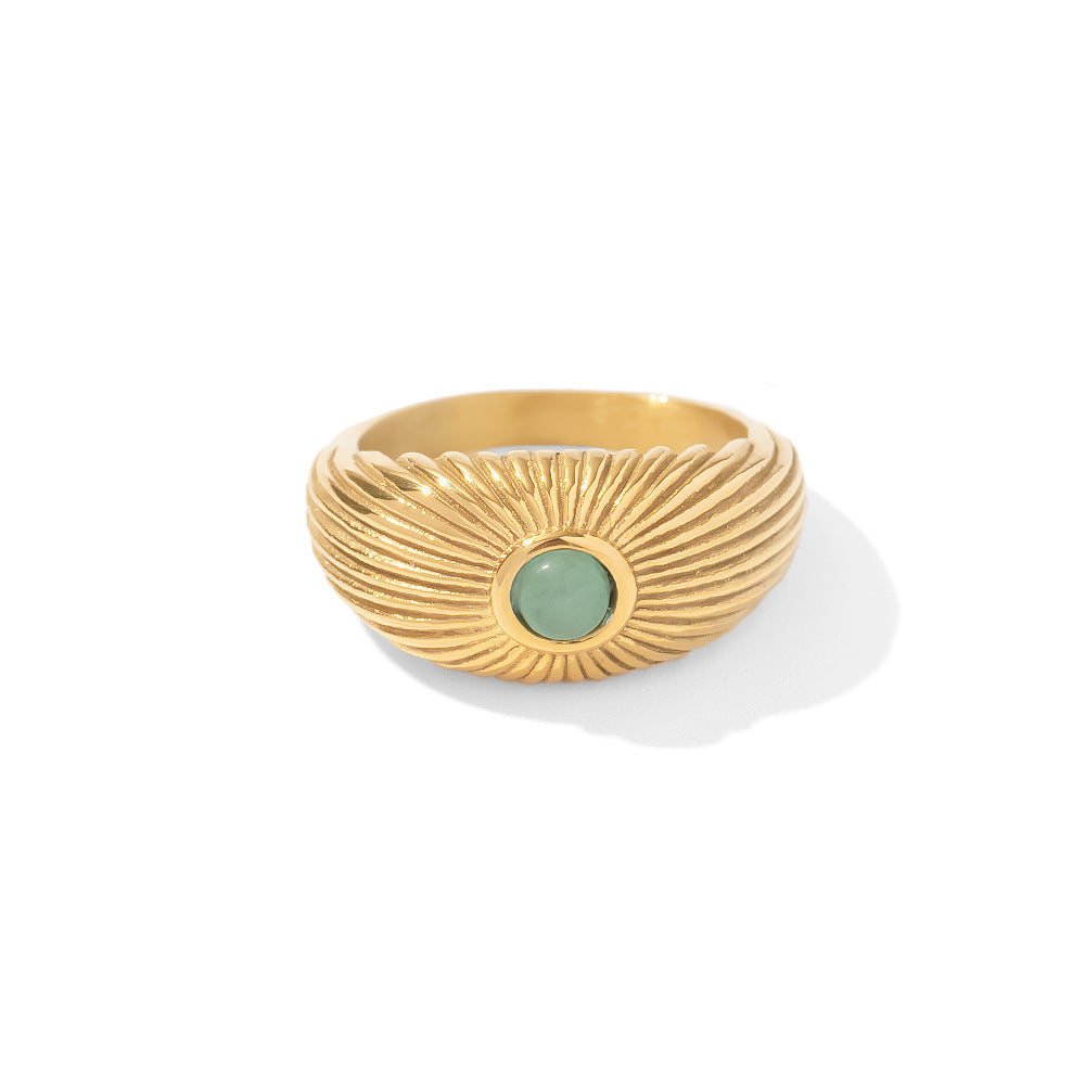 Anillo con diseño de sol geométrico estilo punk para mujer, fabricado en acero inoxidable con baño de oro de 18 quilates e incrustaciones de piedra verde natural