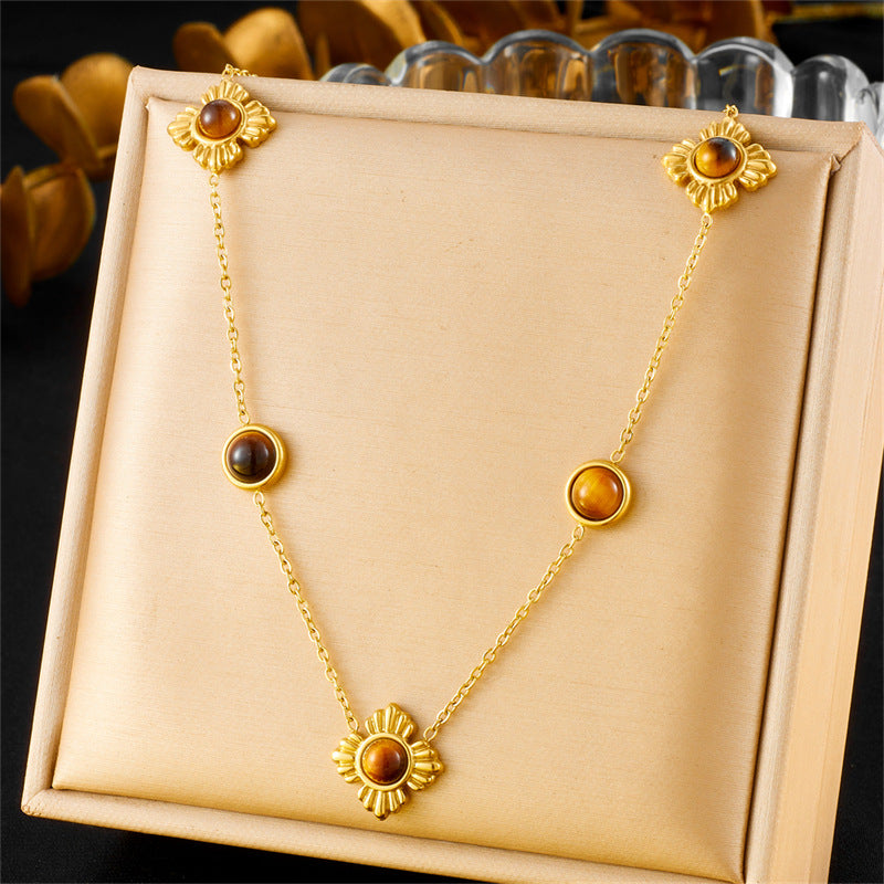 Fashion Gold Plated Stainless Steel Floral Tiger Eye Agate Necklace and Bracelet Set for Women
