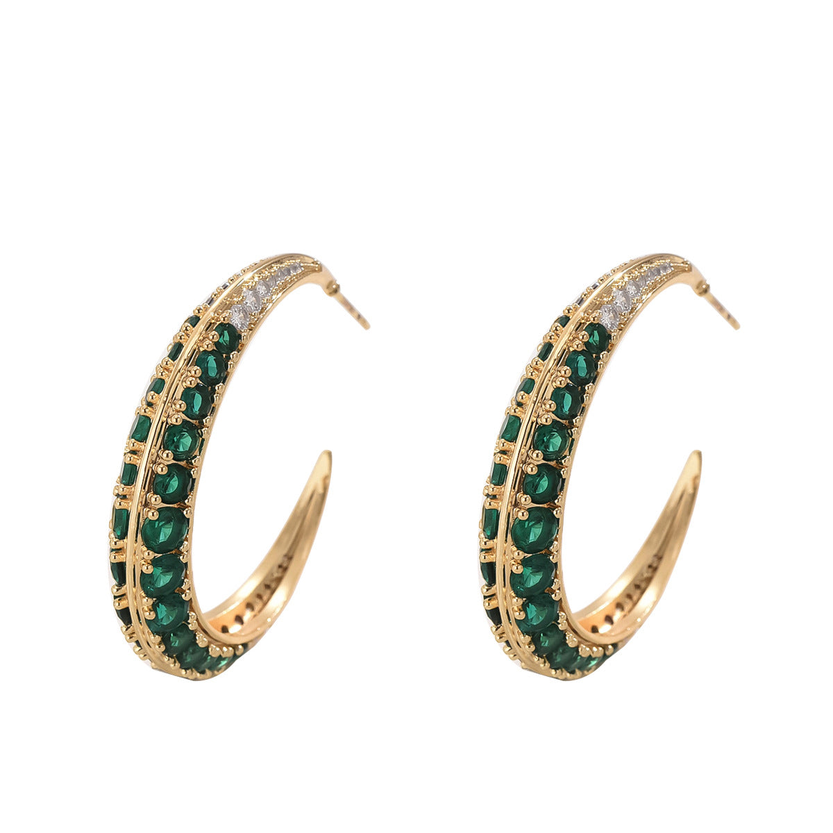 Aretes geométricos en forma de U, dulces y atrevidos, para mujer, con pedrería esmeralda en base de cobre y postes de acero inoxidable