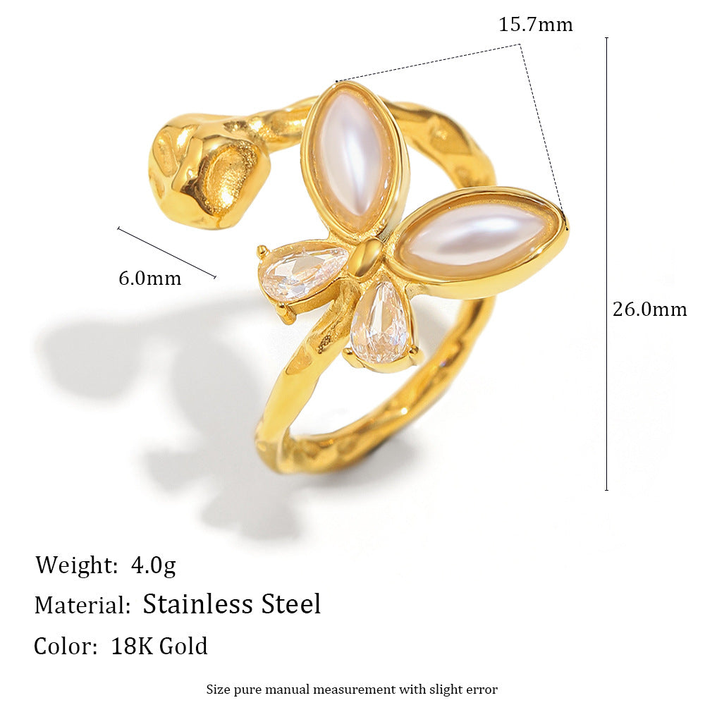 Fashionable OL Style Butterfly-Shaped Stainless Steel Ring with 18K Gold Plating and Simulated Pearl Accents