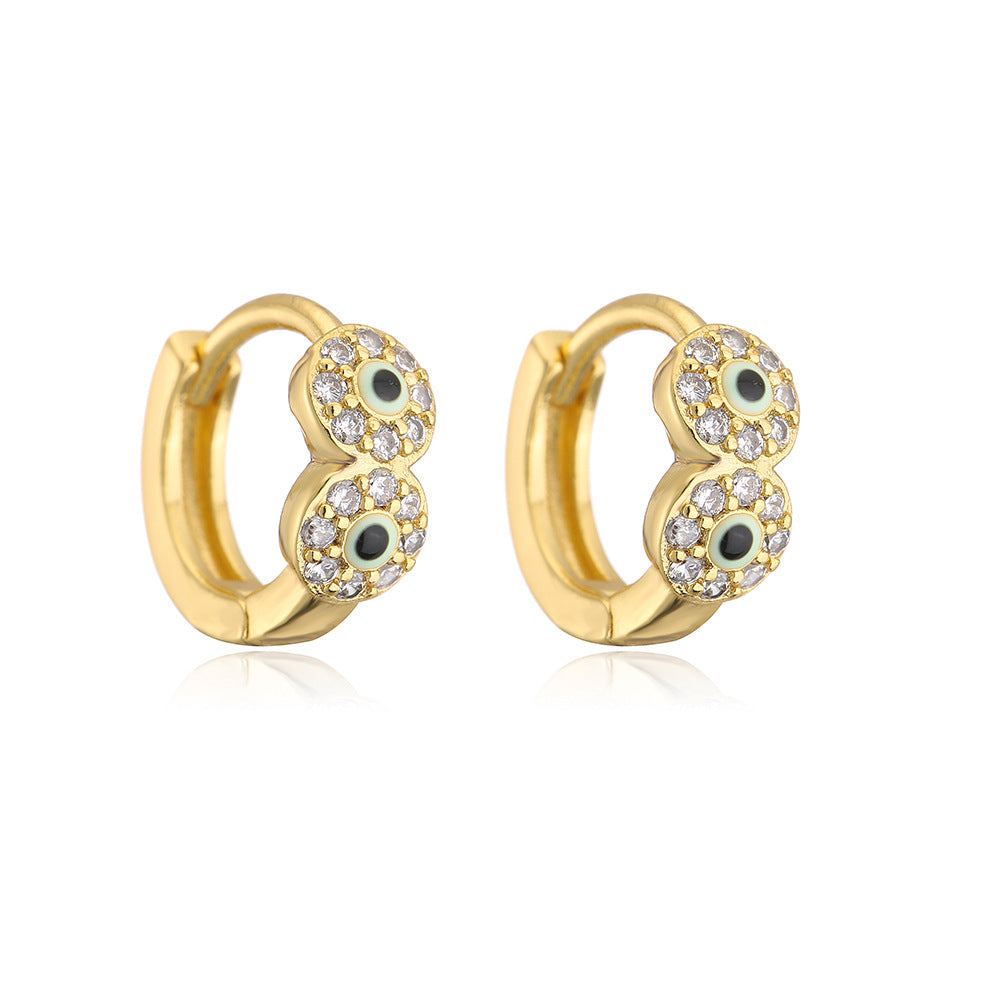 Orecchini Minimalisti Geometrici in Rame con Placcatura in Oro 18K e Dettaglio a Occhio Smaltato con Intarsio di Zirconi