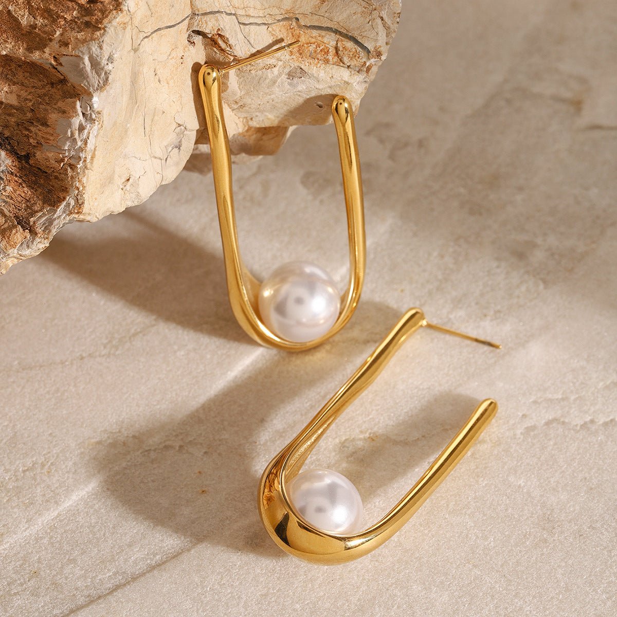 Geometric Plated Stainless Steel Pearl Earrings for Women