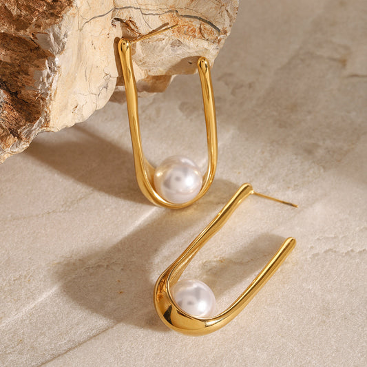 Geometric Plated Stainless Steel Pearl Earrings for Women