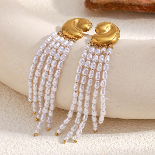 Minimalist Geometric Stainless Steel Earrings with 18K Gold Plating and Simulated Pearl Accents for Women