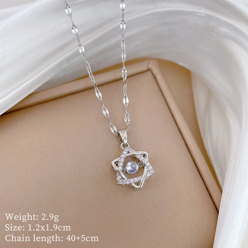 Minimalist Hexagram Pendant Necklace in Titanium Steel with Rhinestone Inlay for Women and Unisex, Delicate Clavicle Chain