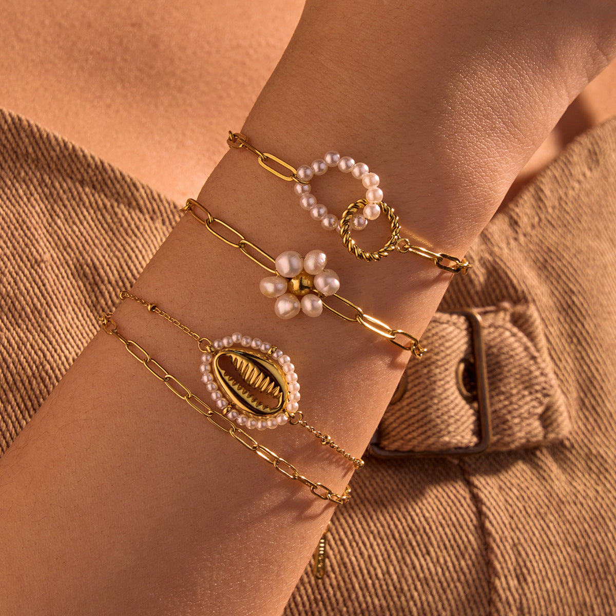 Vintage French Elegant Titanium Steel Bracelet with Pearl Accents Floral and Circular Motifs Geometric Pattern Plated Finish Women's Jewelry