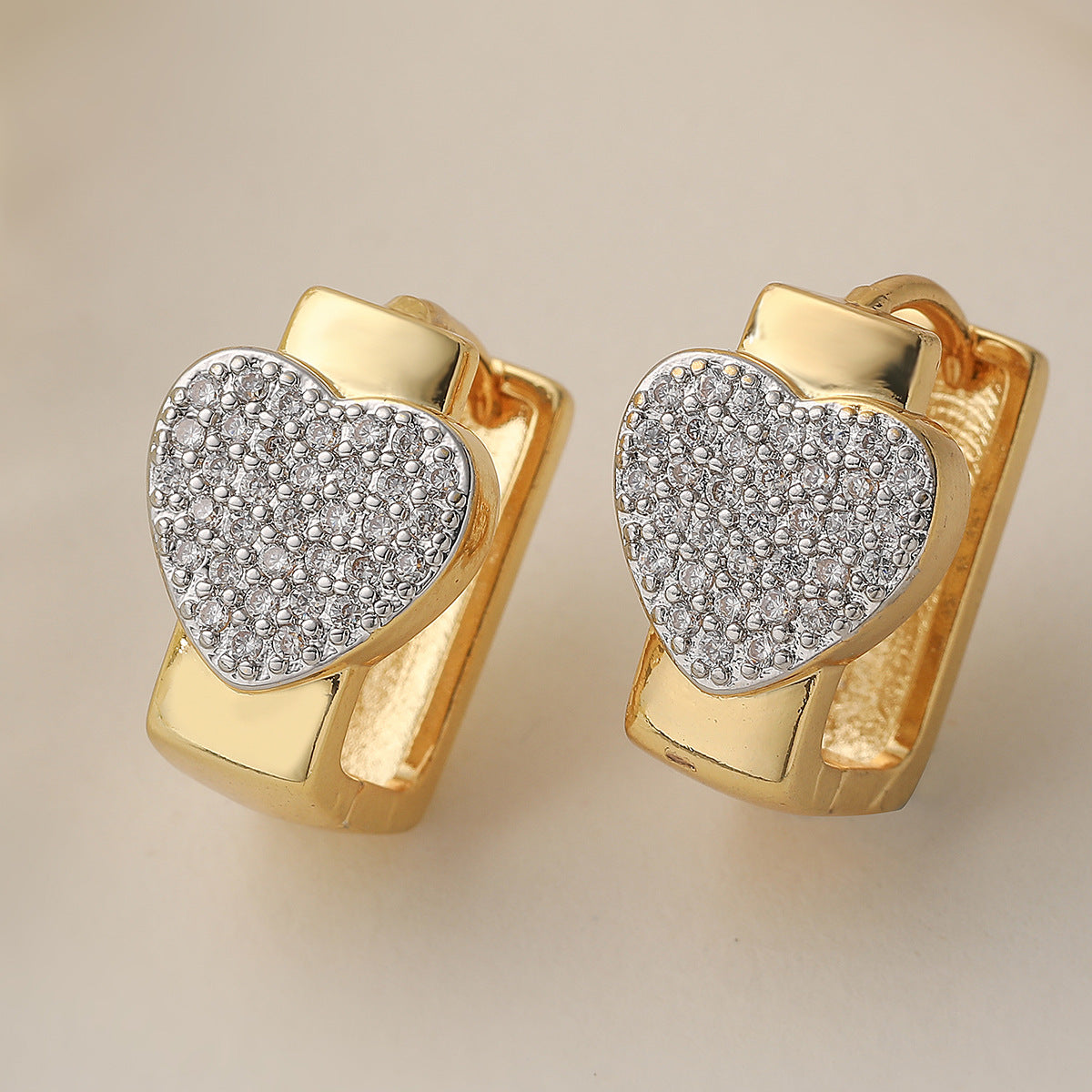 Minimalist 18K Gold Plated Brass Geometric Heart Earrings with Cubic Zirconia for Women