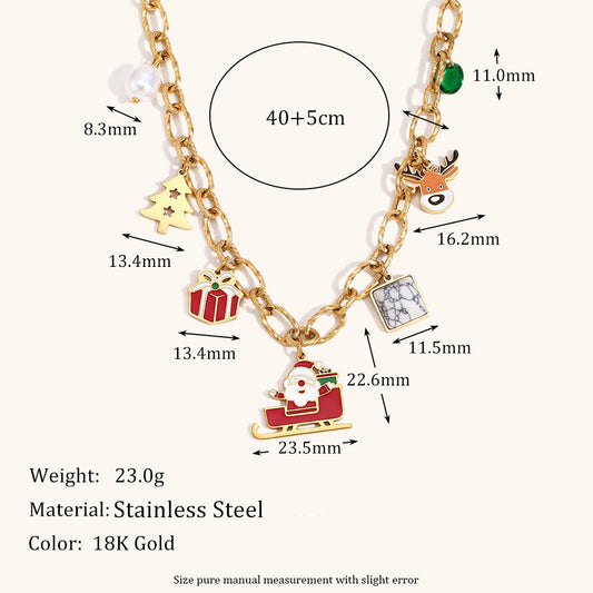 Fashionable Christmas Sled Reindeer Pendant Necklace in Stainless Steel with 18K Gold Plating for Women