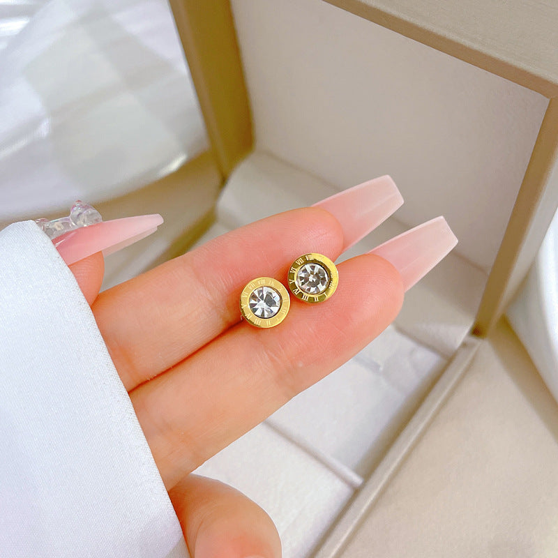 Minimalist Titanium Steel Geometric Stud Earrings with Rhinestone Inlay for Women Formal Occasion