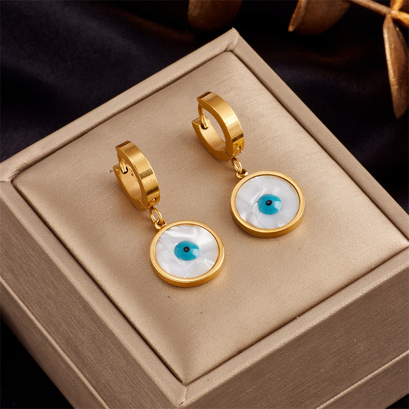 Minimalist Retro Blue Eye Shell Pendant Earrings in Titanium Steel with Plated Finish