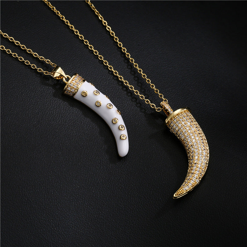 Minimalist Geometric Horn Pendant Necklace for Women in Copper with Enamel Finish and Cubic Zirconia Inlay on O-Chain