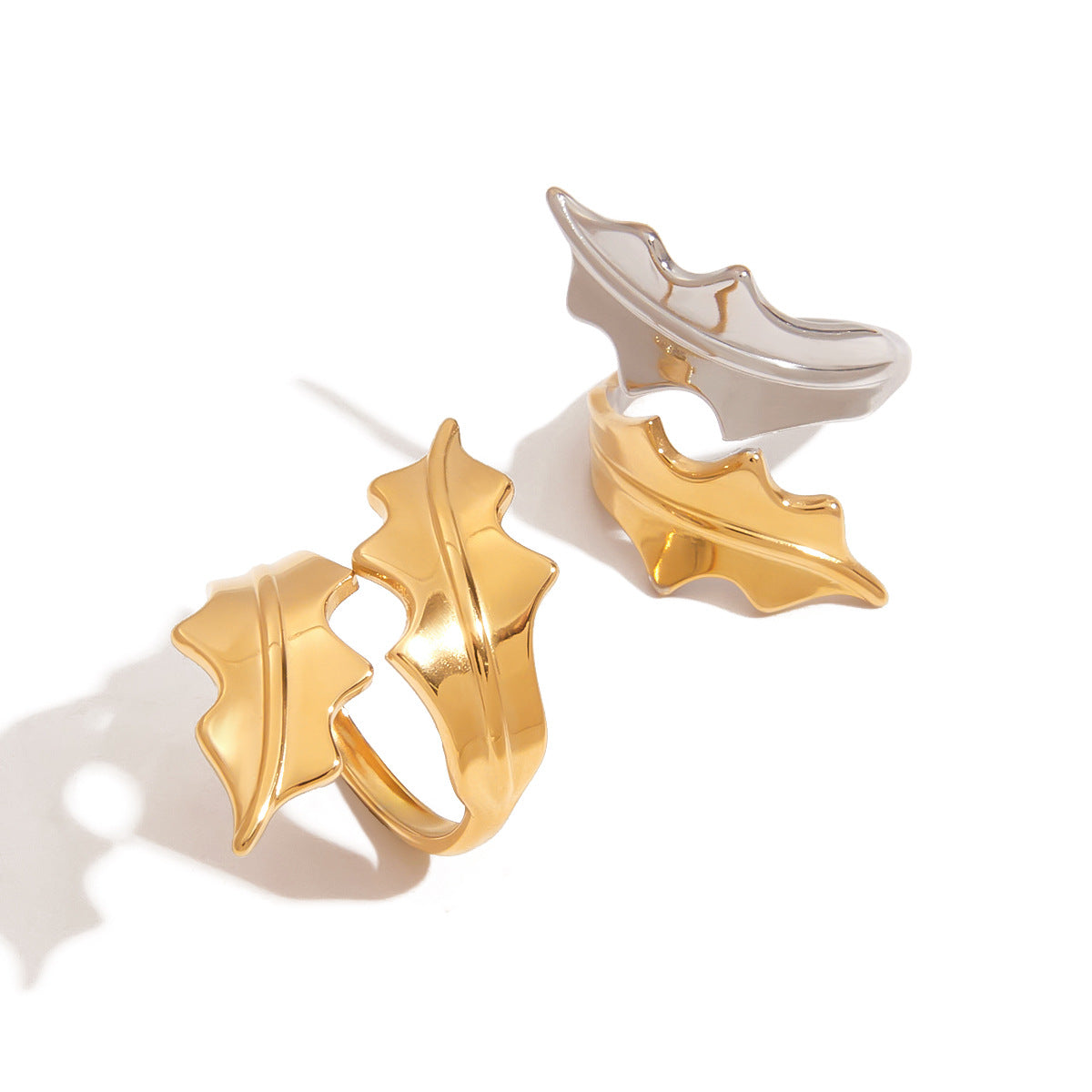 Minimalist Geometric Leaf Pattern Plated Stainless Steel Ring for Women
