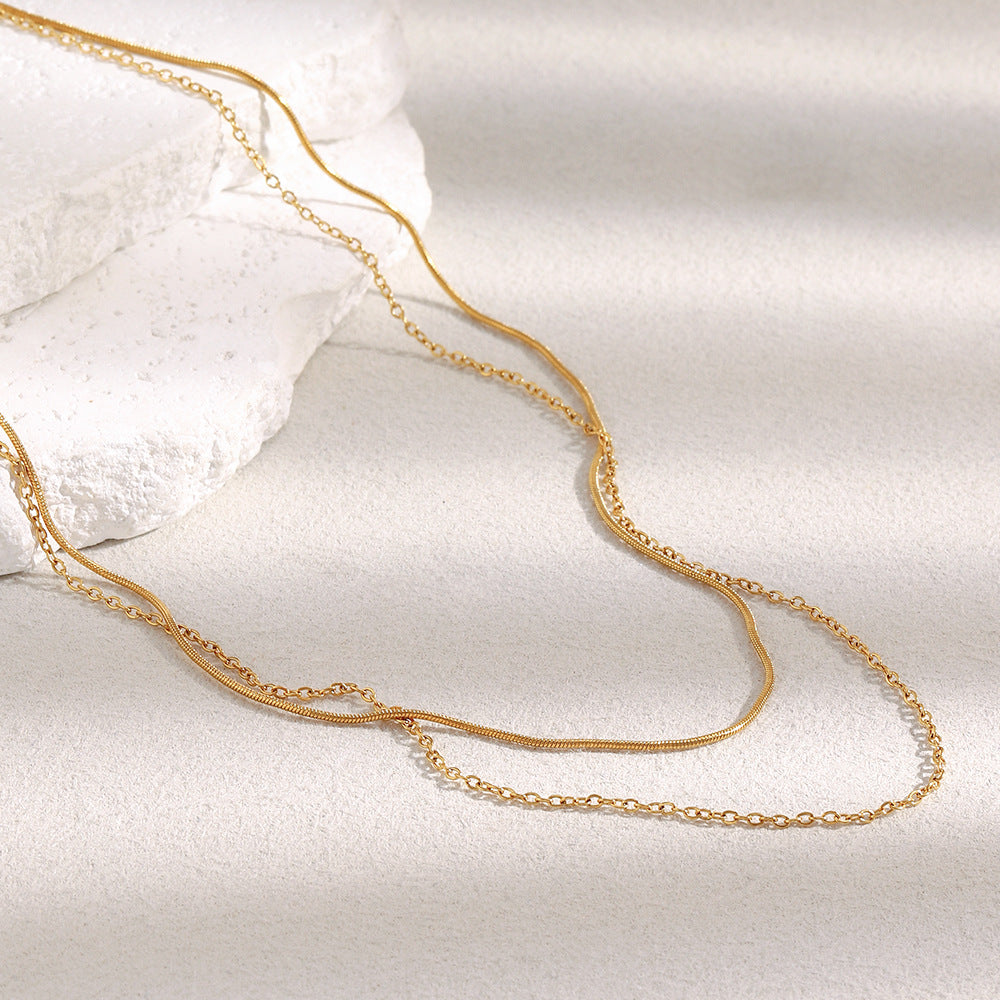 Minimalist Geometric Stainless Steel Plated 18K Gold Double Layer Necklace for Women